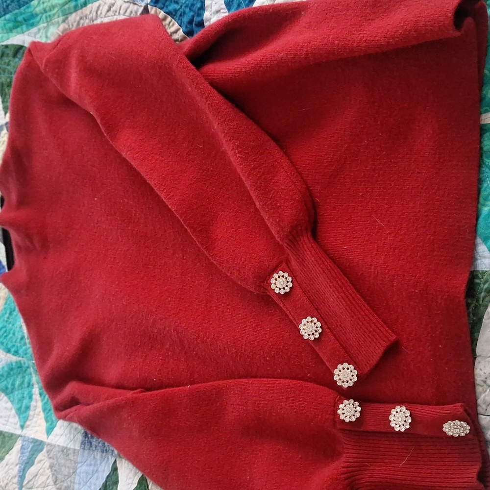Tahari Red Sweater with Rhinestones on the Cuffs.